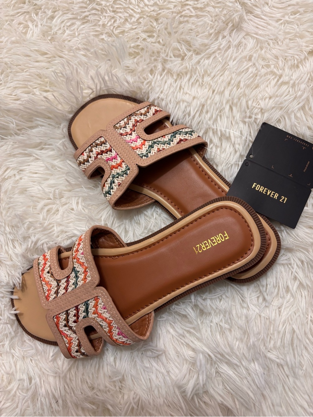 Forever 21 Multicolor Braided Strap Tan Slide Sandals